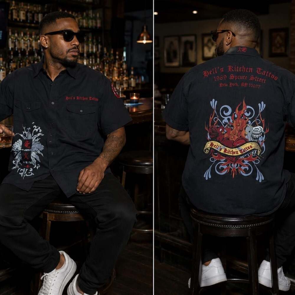 D-Lux Hell's Kitchen Tattoo Short Sleeve Button-Up Shirt XL